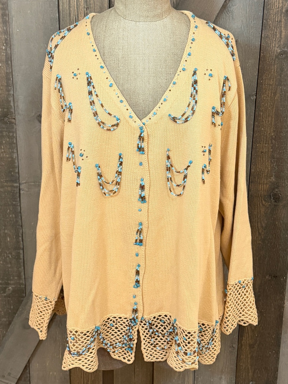 Storybook Knits 1X Turquoise Beaded Cardigan Crochet Bell Sleeve Western Boho